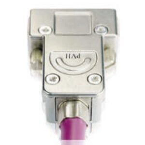 Metallic D-sub connector housing with an attached purple cable