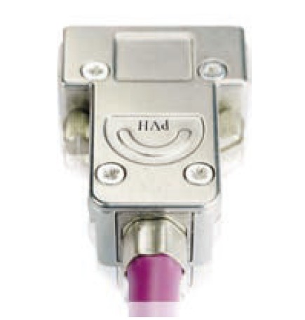 Metallic D-sub connector housing with an attached purple cable